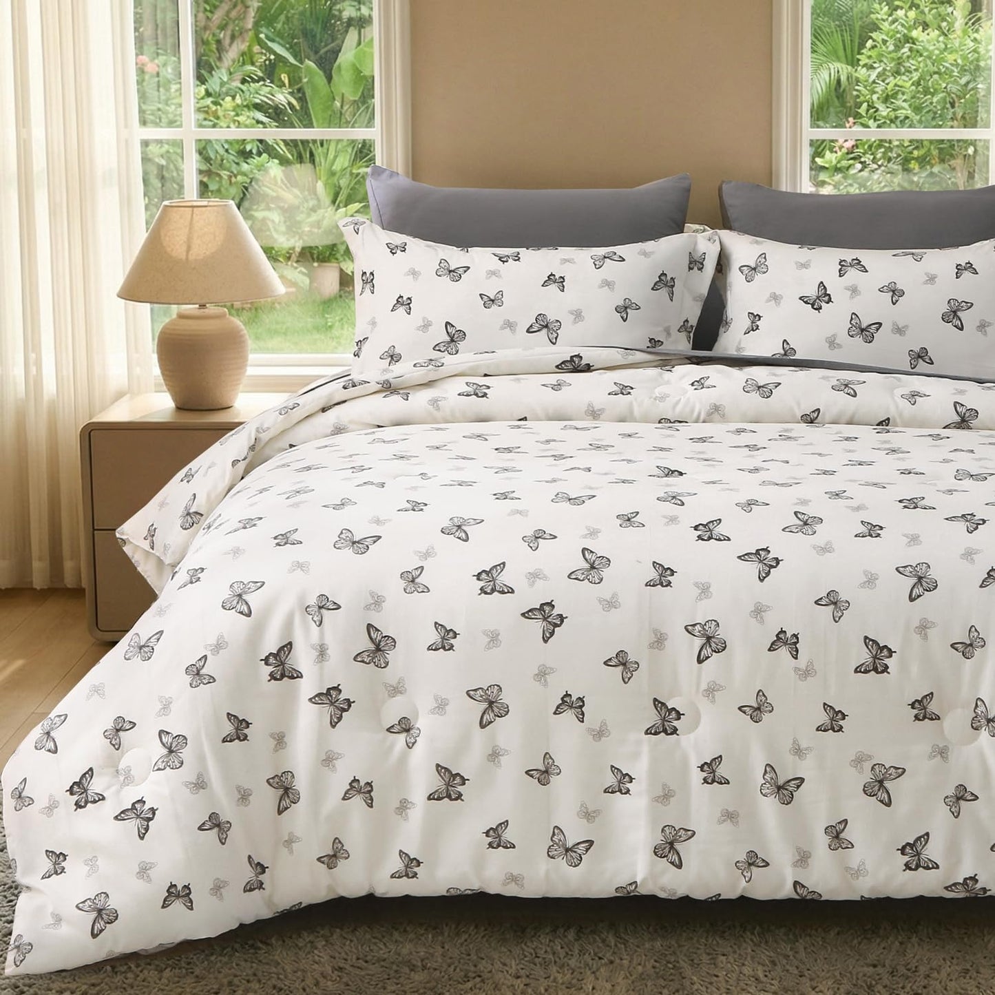 Jameswish 7 Pieces Black Butterfly Comforter Set for Girls Kids Soft Fluffy Bedding Set Twin Size Bed in A Bag as Gifts (1 Comforter, 1 Flat Sheet, 1 Fitted Sheet, 2 Pillowcase and 2 Pillow Sham)