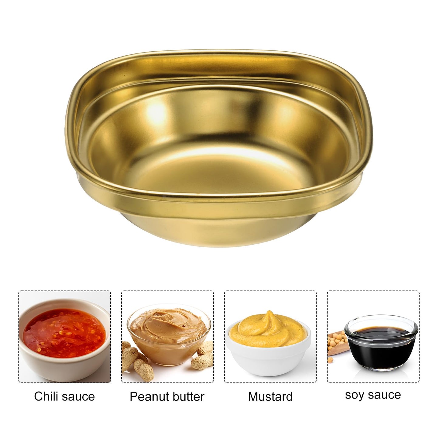 uxcell 4 Pack Stainless Steel Dish Dipping Bowls with 1 Round Compartment Divided, Metal Seasoning Plate Dipping Bowl for Condiment Home Party Restaurant Picnic Travel, Gold