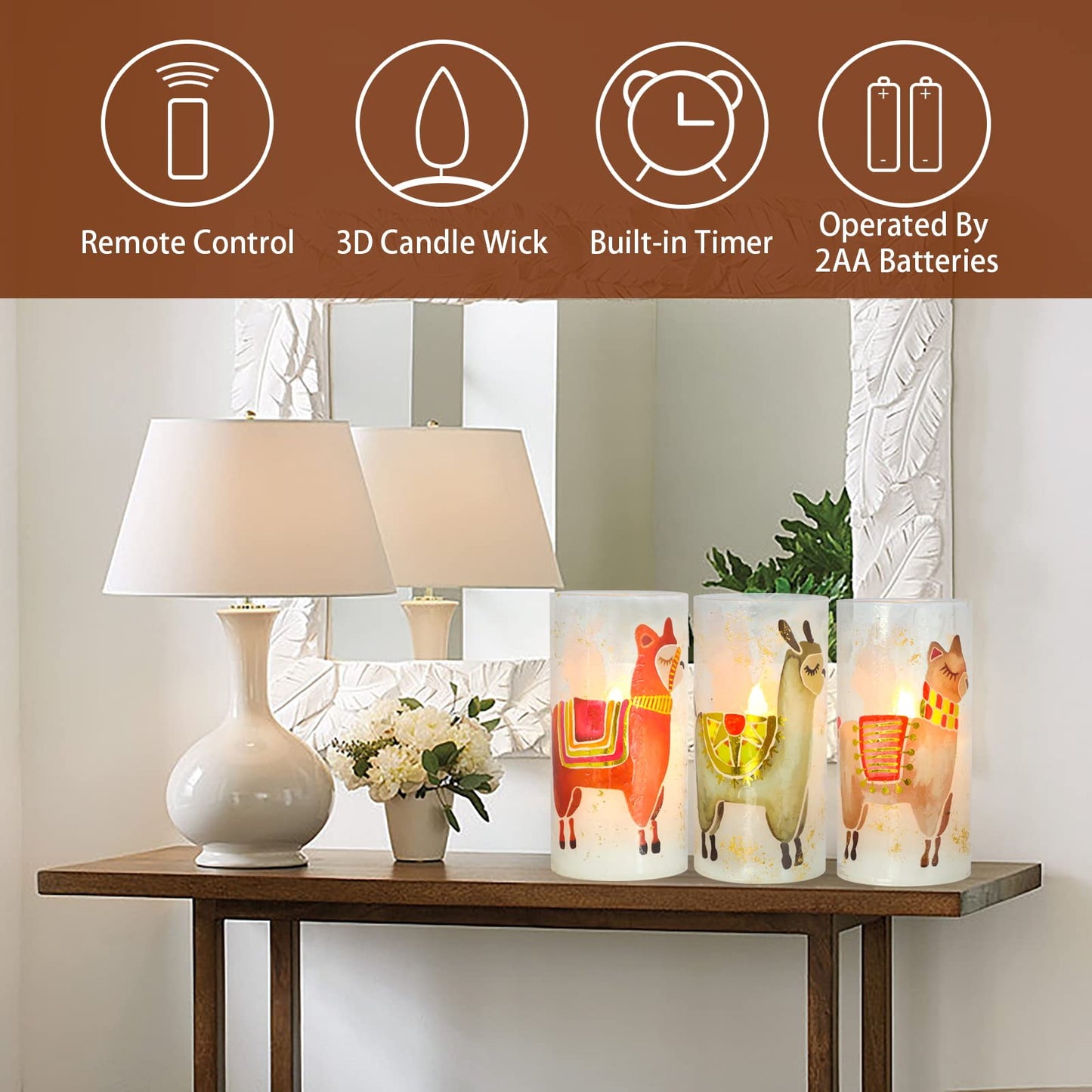 FLAVCHARM Set of 3 Glass Flameless Candles Alpaca Llama Decor Battery Operated Flickering Pillar LED Candle for Home Decor Party Festival Christmas Indoor Decorations