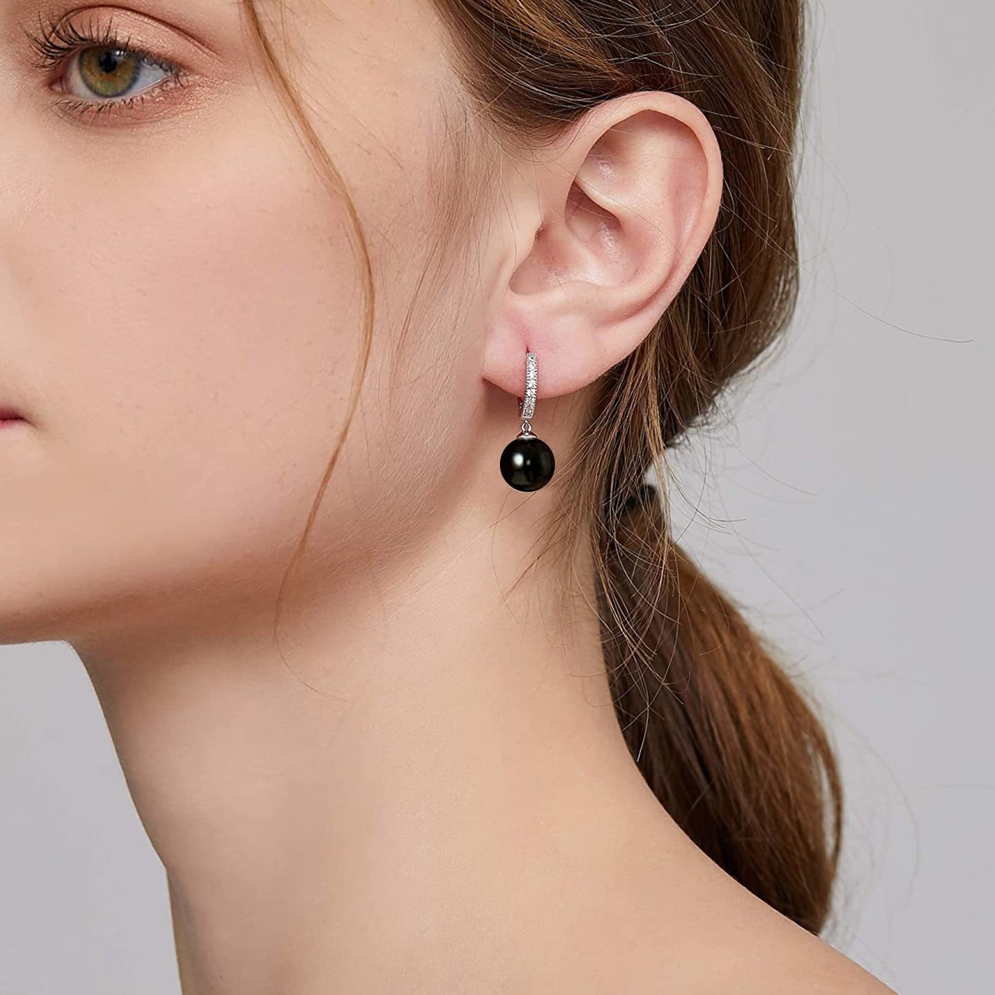 CERSLIMO Black Pearl Drop Earrings for Women | S925 Sterling Silver Post Simulated Shell Pearl Hoop Dangle Earrings, Hypoallergenic Cubic Zirconia Huggies Earrings Jewelry