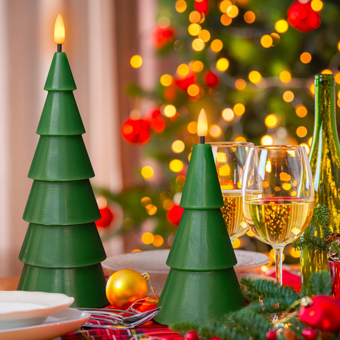 Yongmao Christmas Tree Shaped Flickering Flameless Candles, Green Real Wax Battery Operated LED Candles with Timer for Home Party Table Decoration Christmas Gift Set of 2