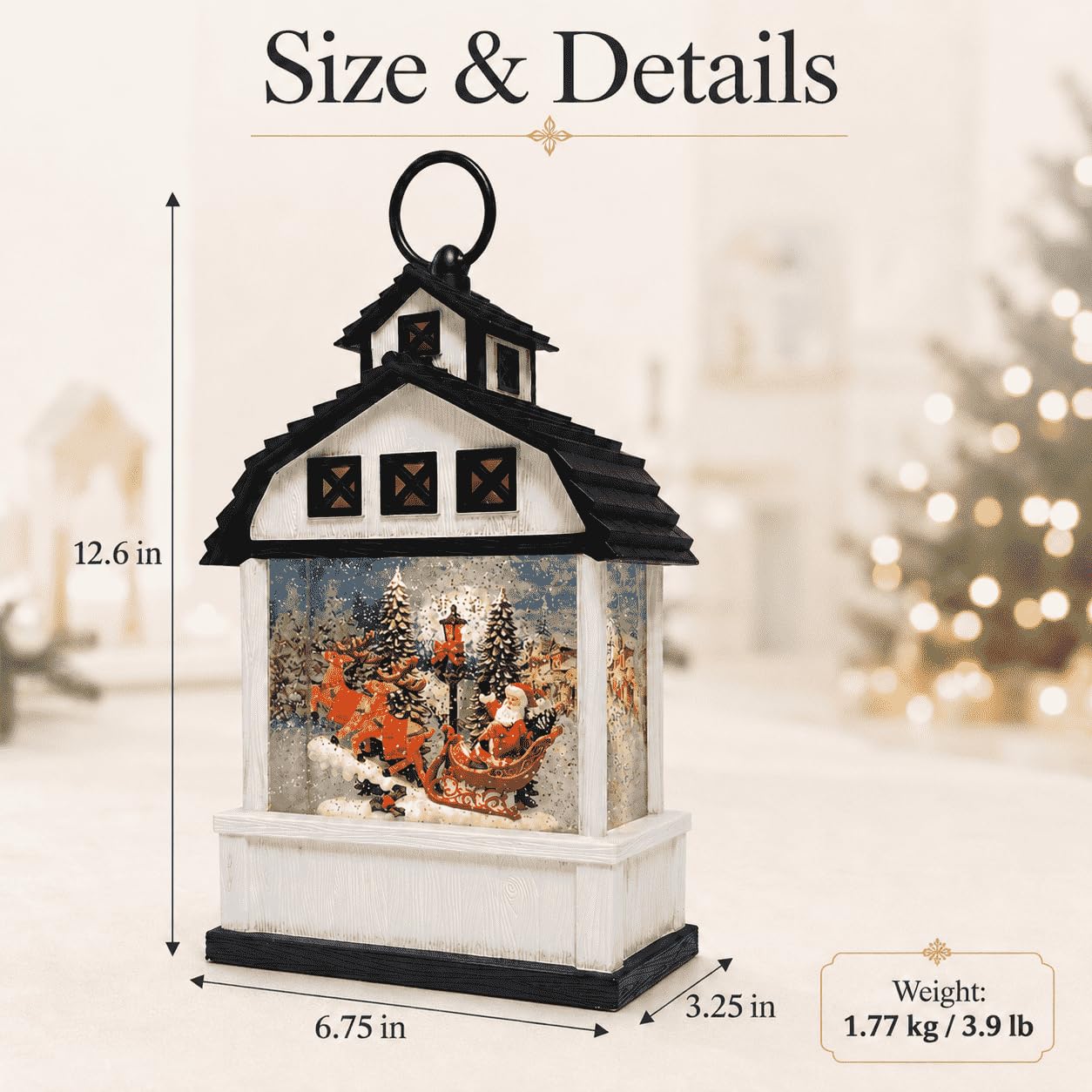 12.6" Christmas Snow Globe Lantern, White Barn Water Glittering Lantern with Santa Sleigh & Reindeer, Lighted Christmas Lantern with 6H Timer, Battery Operated Farmhouse Holiday Tabletop Decor Gift