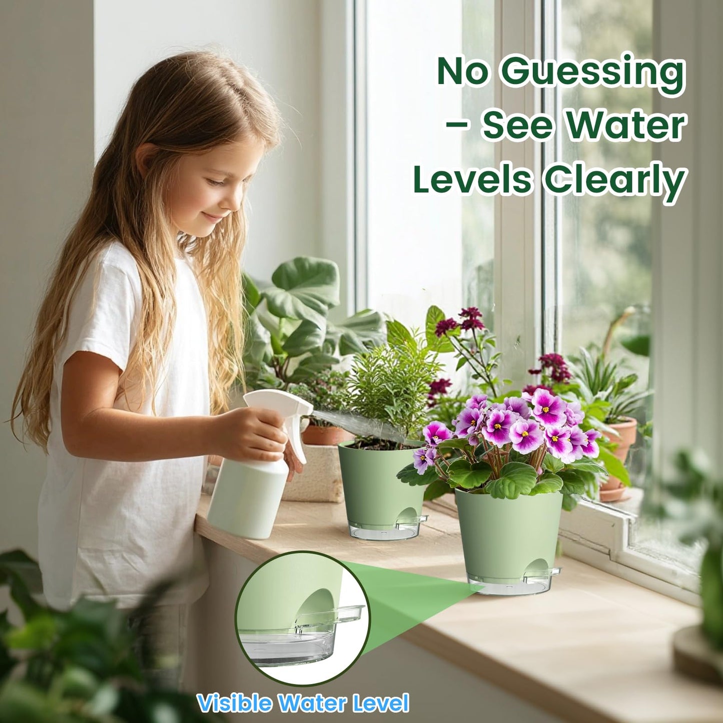 Meowell Self Watering Pots Pack of 6 – Different Size 4" to 7" Indoor Plant Pots with Drainage Holes and Clear Reservoir for Visible Water Level, Plastic Wicking Planters for House Plants, Green