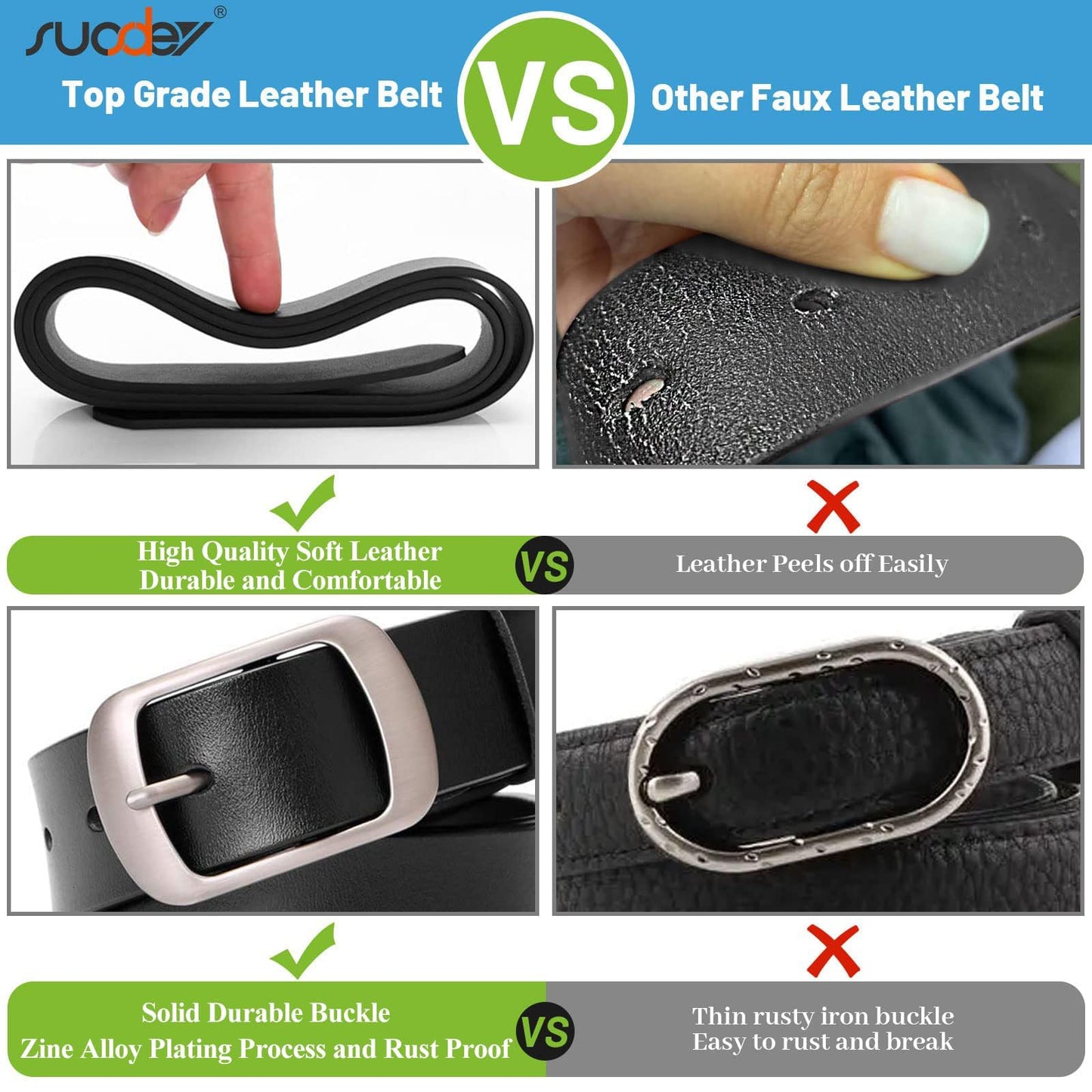 SUOSDEY Fashion Womens Leather Belt, Soft Leather Waist Belt with Pin Buckle for Jeans Pants,width 1.3"