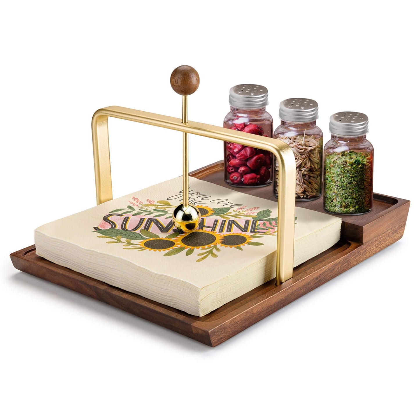 Wooden Napkin Holder with Salt and Pepper Shaker Holder, Two-in-one storage for napkins and seasoning bottles, Malfunction Salt Pepper Storage Holder and Napkin Caddy for Kitchen, Restaurant