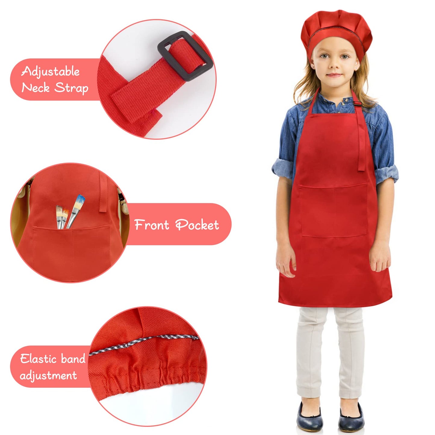 SUNLAND Kids Apron And Hat Set Children Chef Apron For Cooking Baking Painting Red (M:6-12 Years)