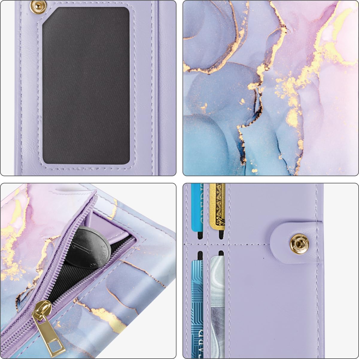 Simikol Ultra Slim Womens Wallet Minimalist Thin Long Leather Bifold Wallet RFID Blocking Card Holder Organizer with Zipper Coin Pocket Ladies Girls Gift Purse, Gradient Marble