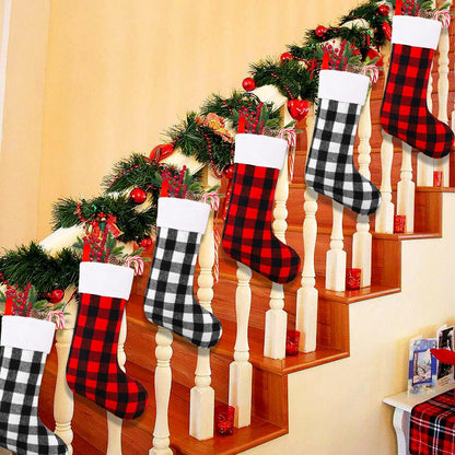 YUJUN 6 Pack 22 Inches Christmas Stockings, Xmas Large Black Red Buffalo Plaid Hanging Stockings Decorations for Christmas Tree Fireplace Family Holiday Party Decor (Red&White)