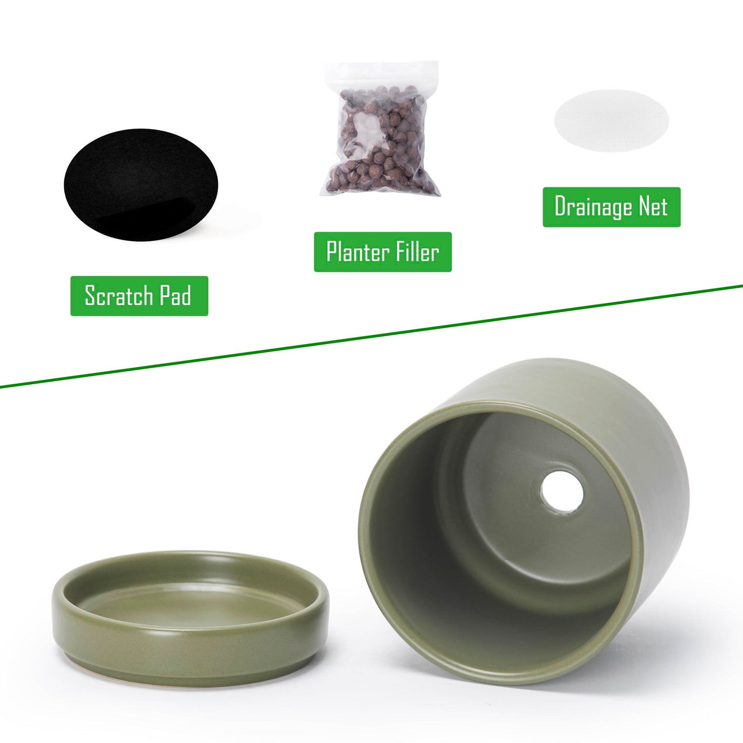 D'vine Dev Set of 4 Small Ceramic Plant Pots, 4.7 Inch Succulent Planter Pot for Plants with Drainage Hole and Saucer, Olive, 94-X-B-0