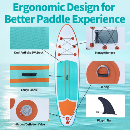 Inflatable Paddle Boards Stand Up Paddleboard Wide Stable with SUP Paddle Board Accessories for All Skill Levels with Fins, Adjustable Paddle, Pump, Backpack, Leash