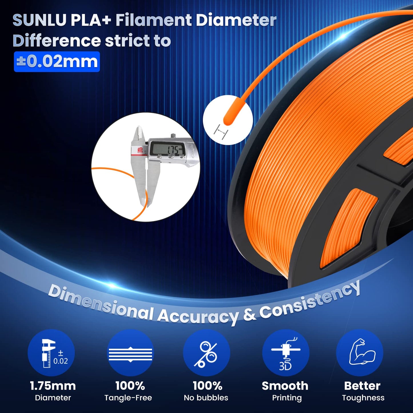 SUNLU PLA Plus 3D Printer Filament, 1.75mm PLA+ 3D Filament for FDM 3D Printer & 3D Pens, Neatly Wound Filament, Strong and Toughness, Dimensional Accuracy +/- 0.02 mm, 1KG Spool(2.2 LBS), Orange