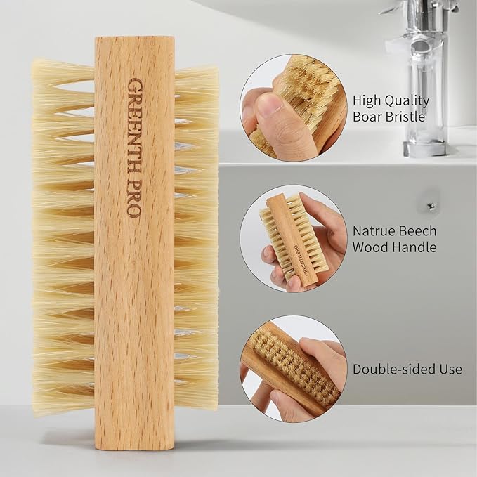 2 Pack Firm Boar Bristle Nail Brush, Hard Beech Wood Handle, Two Sided