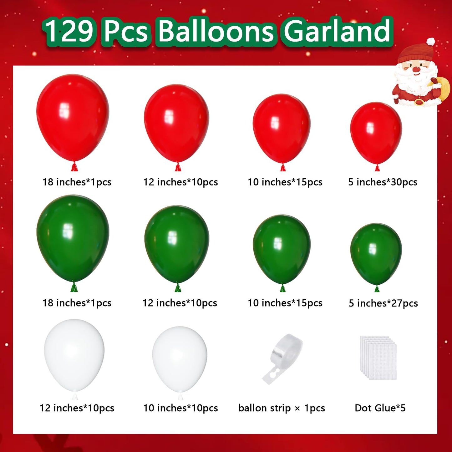 Christmas Balloons Garland Arch Kit, 129pcs Red Green White Balloons Kit Different Size,Red and Green Latex Balloons for Christmas New Years Party Decorations