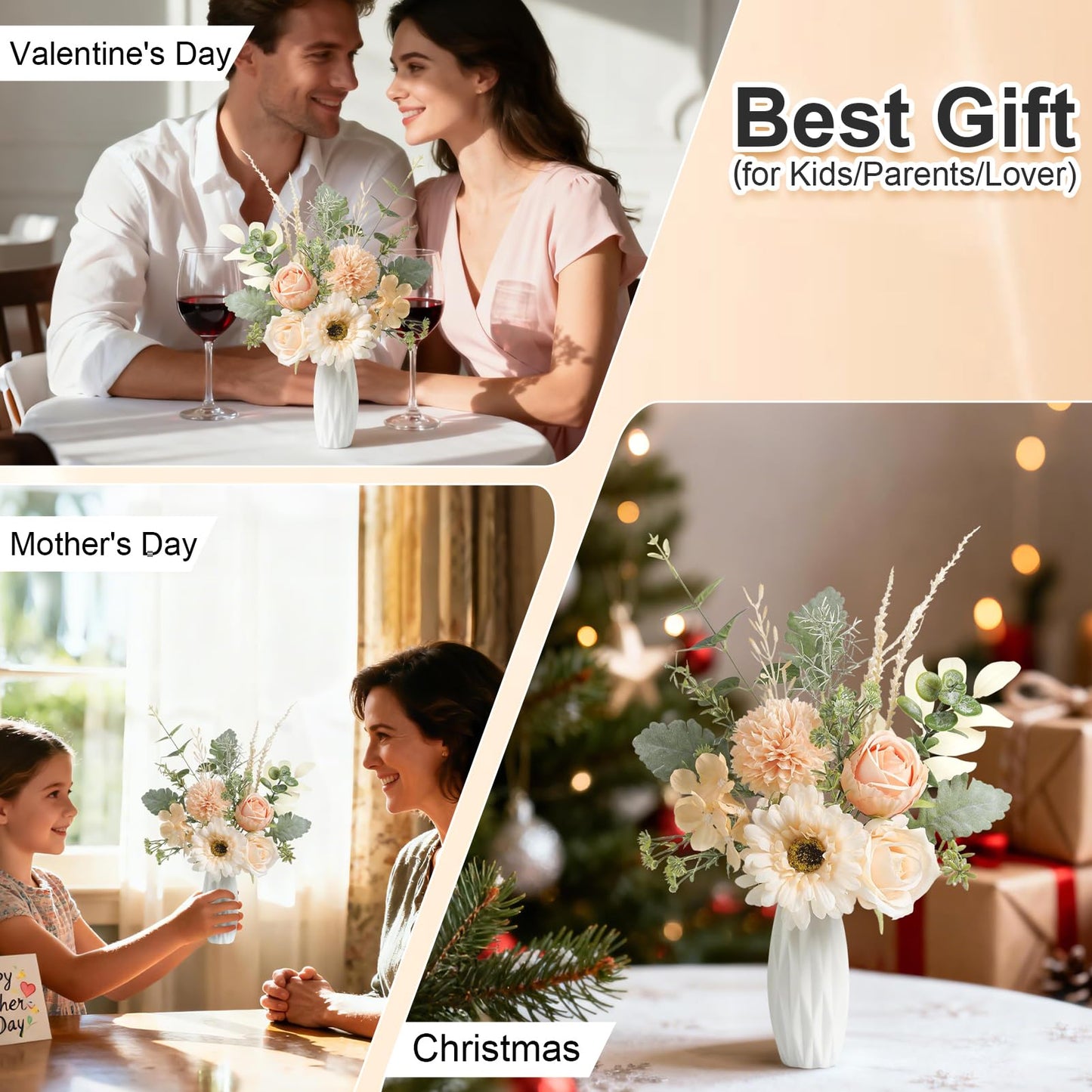 GAATEEK Small 11.8" Artificial Flowers in Ceramic Vase - Champagne Silk Flower Centerpiece for Dining Table, Office, Wedding & Farmhouse, Home Decor Gifts