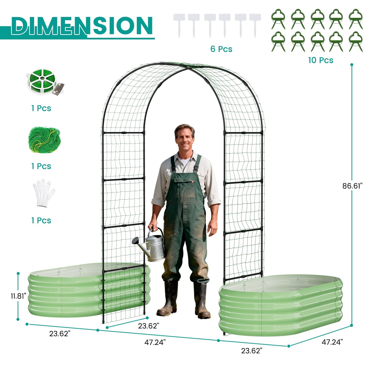 SUNYRISY Galvanized Raised Garden Bed with 87" H Arch Trellis for Climbing Plants Outdoor, Metal Planter Box with Netting for Gardening Flowers Vegetables Fruit Herb, Green