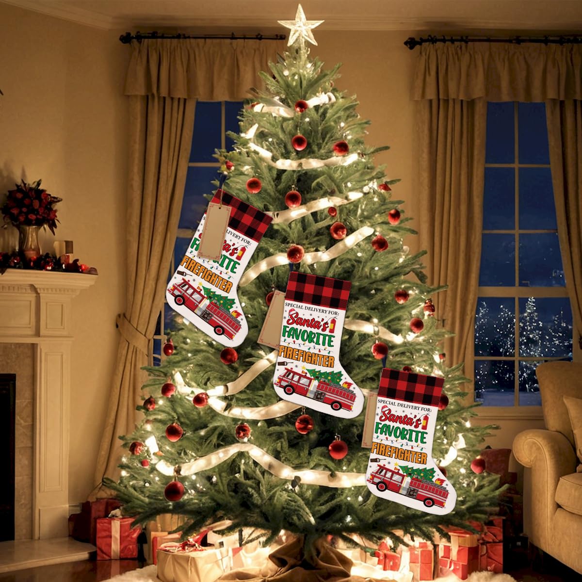Firefighter Christmas Stocking Christmas Tree Decoration - Special Delivery for Santa's Favorite Firefighter Gifts Xmas Stocking Hanging for Fireplace Wall Stairs Holiday Xmas Decor 18x12 Inch