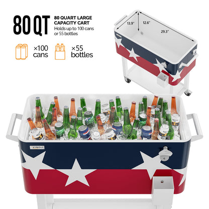 VINGLI 80 Quart Rolling Ice Chest, Portable Patio Party Bar Drink Cooler Cart, with Shelf, Beverage Pool with Bottle Opener (Red， White & Blue)