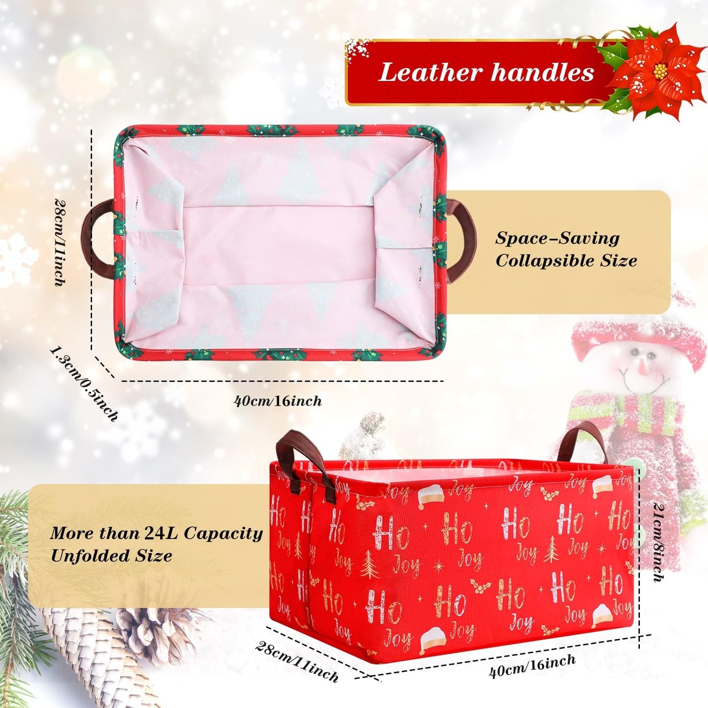 Yoojahow 3 Pack Christmas Storage Baskets Waterproof Canvas with Leather Handles Collapsible Storage Bins Cube Baskets for Closet Clothes Room Decor Gift Basket