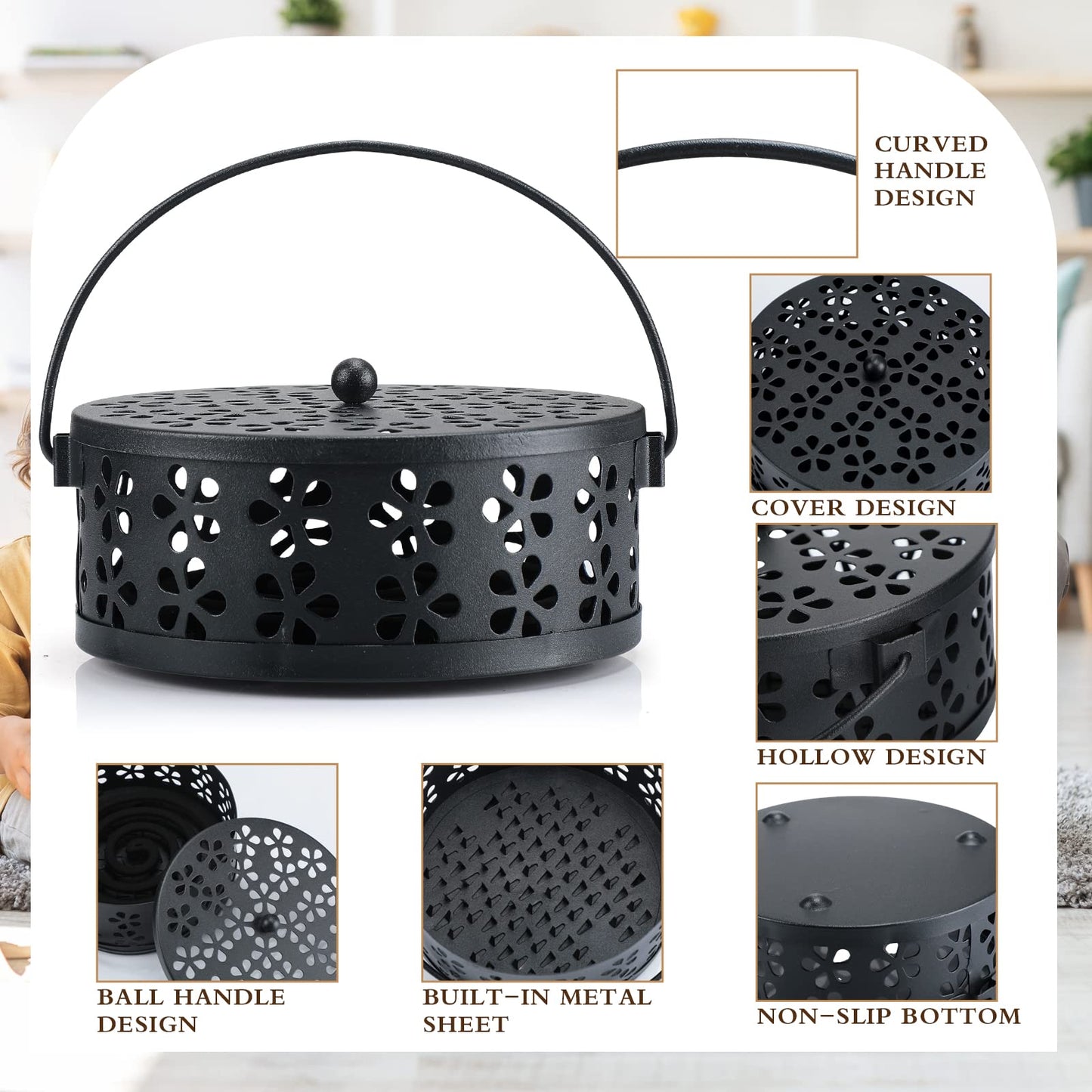 Lallisa 4 Pieces Mosquito Coil Holder Incense Coil Holder Retro Portable Metal Hanging Incense Burner with Handle Round for Home Camping Indoor Outdoor Patio(Black)