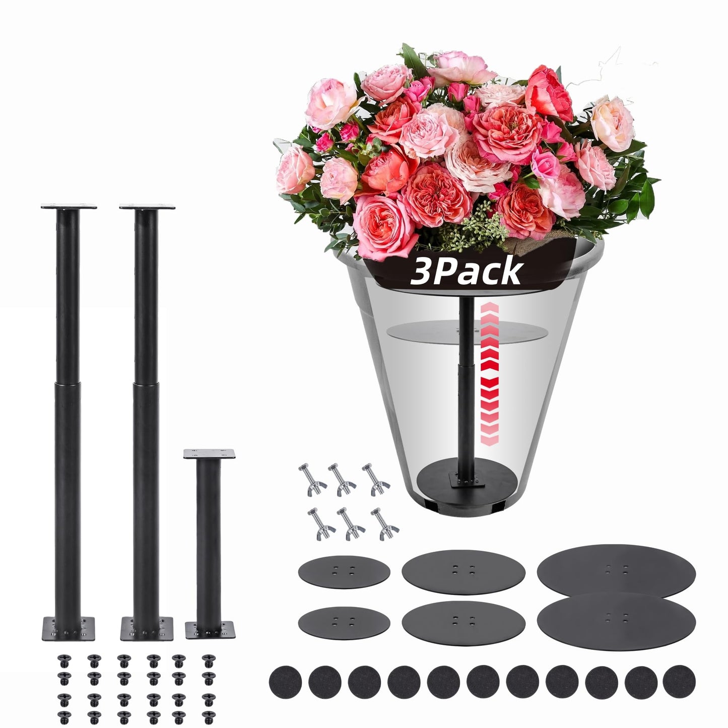 ZSHIGANMA 3 Pack Plant Risers for Inside Pots, Adjustable Height 7-22" Metal Planter Lift Inserts Fillers Risers for Indoor Outdoor Large Tall Taper Planter Flower Pot (6" Base,8",10" Top,Black)