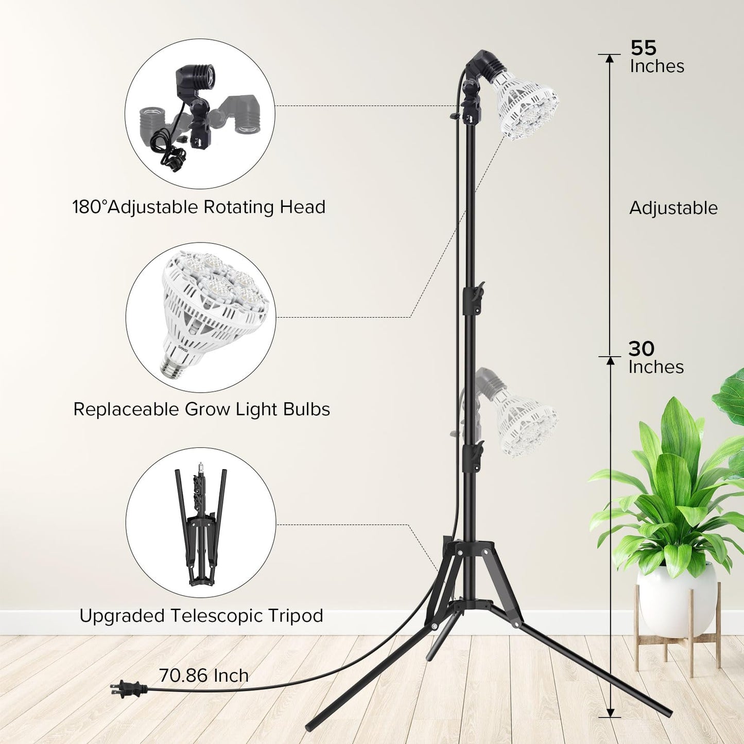 SANSI Grow Lights for Indoor Plants, 4 Dimmable Levels 30W Full Spectrum Plant Lights for Indoor Growing, Tripod Stand Adjustable 30"-55" Plant Grow Light with Remote Control Auto Timer