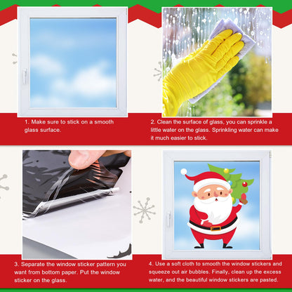 Whaline 9 Sheets Christmas Window Cling Stickers Xmas Santa Reindeer Cartoon Reusable Window Decals for Holiday Party Home Office Classroom Decoration