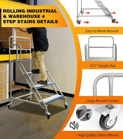 4 Step Rolling Stairs with Wheels, Industrial & Warehouse 4-Step Stairs, Non-Slip Rolling Steps with Stair Edge Protector, Easy to Move Rolling Steps for Goods Shelves, 23.6"x59.1", 445LBs Capacity