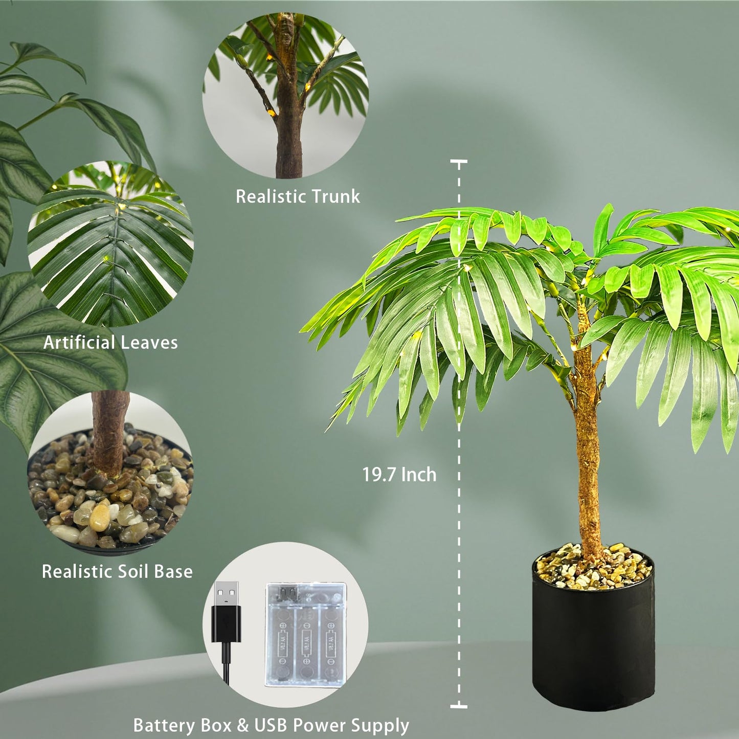 IJG 20'' Lighted Palm Tree Faux Plant with LED Lights - USB & Battery Box Powered - Artificial Palm Tree for Living Room, Home Decor, Indoor Decoration (Palm Leaf)