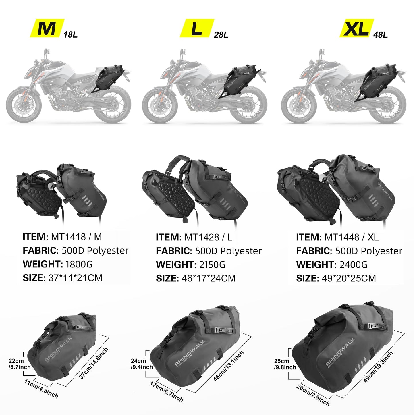 Rhinowalk Motorcycle Saddle Bags Waterproof Motorbike Panniers Tail Side Bag Motor Powersports Luggage for Most Motorcycles Adventure Travel Long Rides, 18L (9L*2), Black 1 Pair