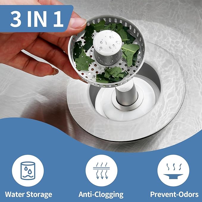 Kitchen Sink Drain Strainer, Stainless Steel 3-in-1 Pop-up Sink Stopper