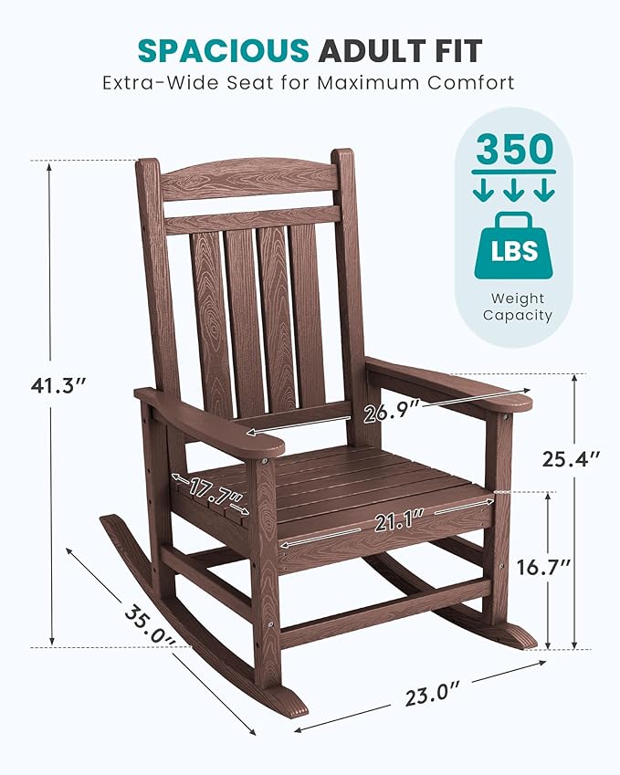 SERWALL Oversized Outdoor Rocking Chair, All-Weather Patio Rocking Chair, HDPE Porch Rocker for Adults, Coffee