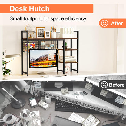 Snughome Desk Shelf, 38.6" Desktop Organizer Shelf, Desk Hutch for Computer Monitor, 4 Tier Desktop Display Rack with Pegboard Hooks Set, Wood Desktop Bookshelf for Home Office Dorm