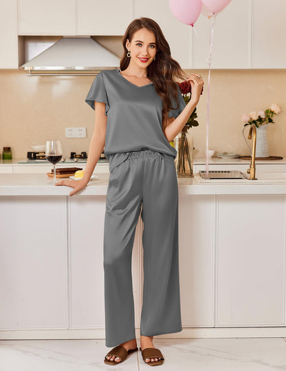 Ekouaer Women's Satin Silky Pajama Set 2 Piece Short Sleeve Shirt with Long Pants Pjs Sets Soft PJ Loungewear S-XXL