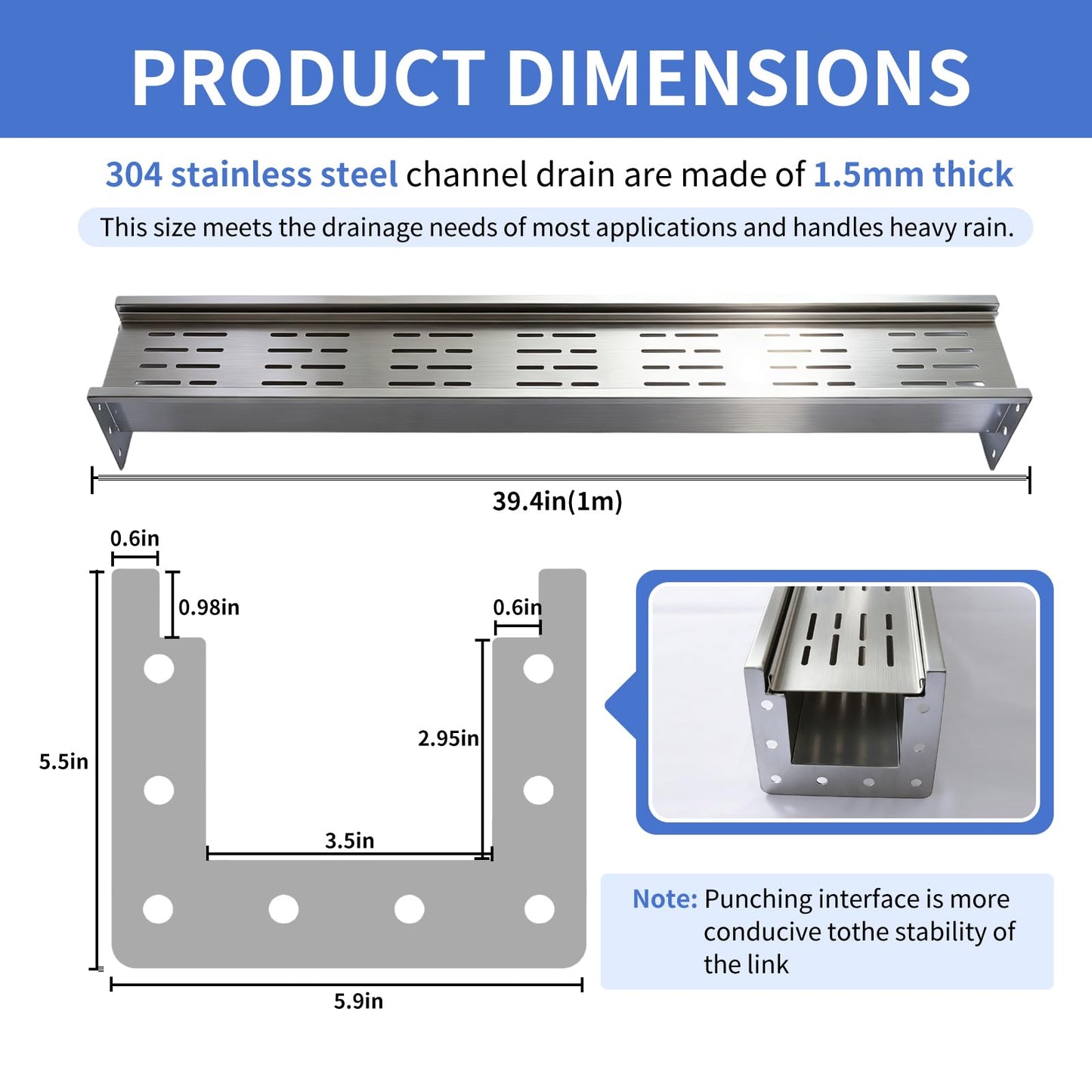 304 Stainless Steel Channel Drain with Galvanized Steel Drain Grate, 39.4×5.9×5.5in B-Class 28100 lbs Heavy-Duty Trench Drain System for 3”Pipe,Channel Drain Kit for Driveway,Outdoor,Yard,Garage Floor