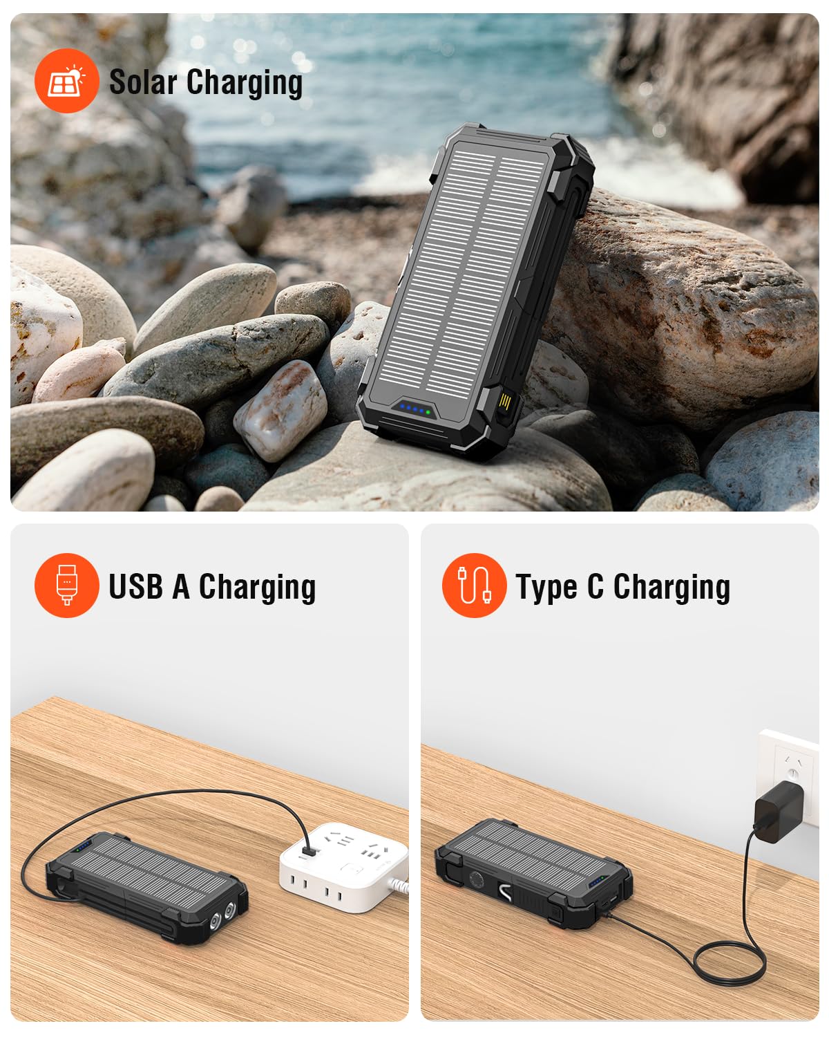 Sudrov Solar Charger Power Bank, 42800mAh Wireless Portable Charger with USB-C in/Output, QC3.0 Fast Charging 15W 4 Ports Outdoor Battery Pack Built-in Dual Led Flashlights for iPhone Samsung etc