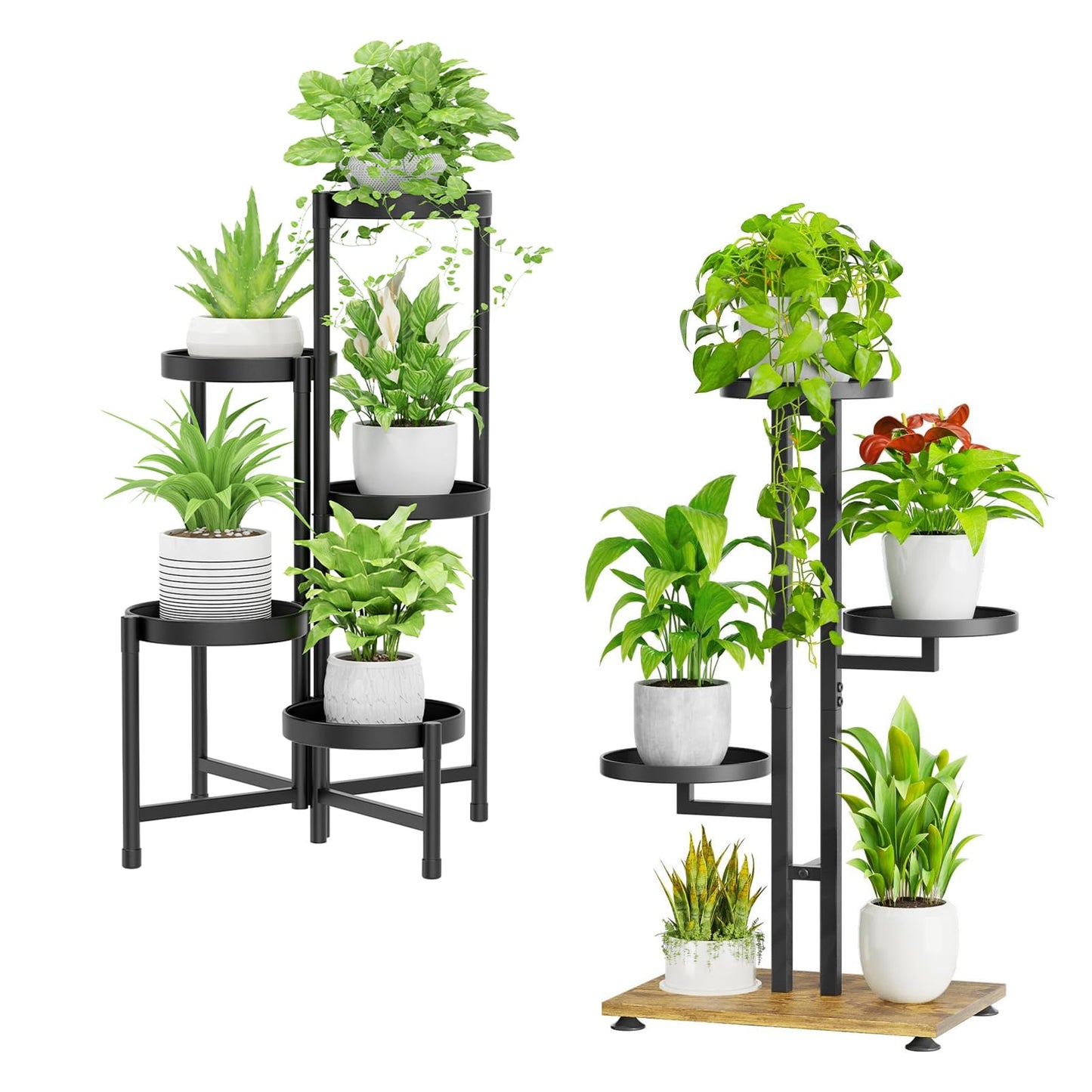 iDavosic.ly Plant Stand for Indoor Outdoor 2 Pack, 5 Tier Metal Folding Flower Holder Shelf and 4 Layer 28 Inch Tall Corner Pot Display Rack for Patio Living Room Garden Balcony Bedroom Porch, Black