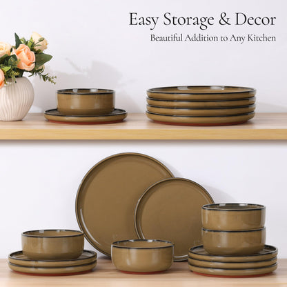 E-far Stoneware Dinnerware Sets for 6, 18 Pieces Reactive Glaze Plates and Bowls Sets, Elegant Dishes with Rustic Terracotta Clay Base, Dishwasher & Microwave Safe, Scratch Resistant, Deep Camel