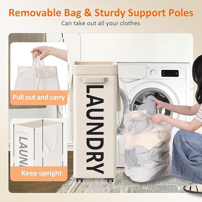 Laundry Basket with Wheels, 90L Rolling Laundry Hamper with Wheels, Large