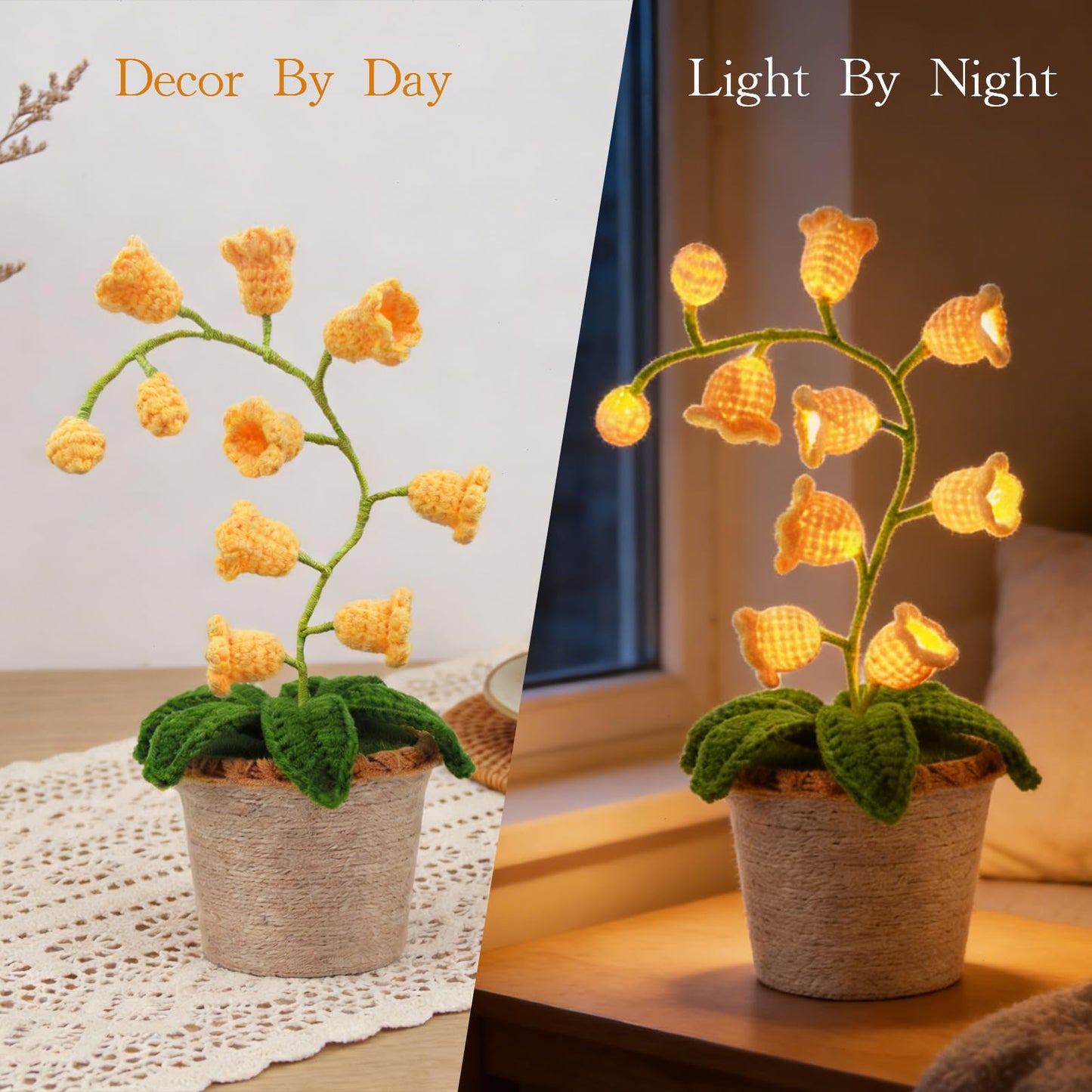 AVEKI Lily of Valley Lamp, Handmade Crochet Artificial Flower Lamp with Warm Light, Cute Desk Lamp for Bedroom, Battery Power Decor LED Night Light, Gift for Mom Daughter Girlfriend (Warm) (Yellow)