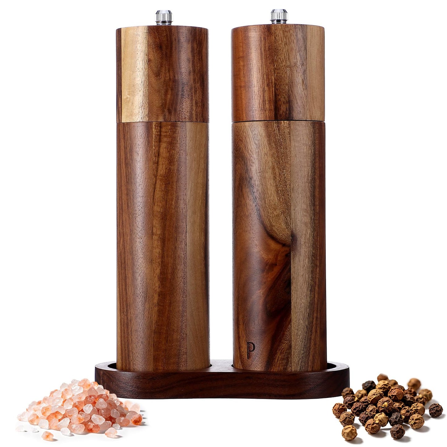 Wooden Salt and Pepper Grinder Set, 8 Inch Manual Mill with Tray, Adjustable Coarseness, Refillable Acacia Wood Grinders for Kitchen, Home, and Gift (Brown)