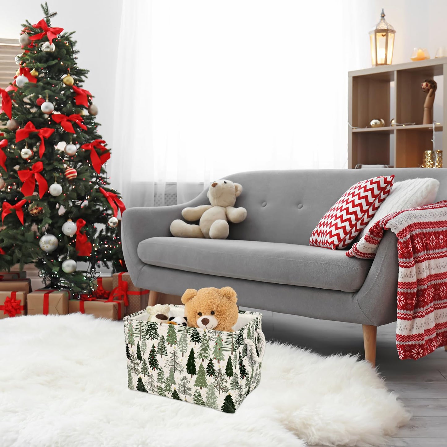JarThenaAMCS 2Pcs Christmas Rectangle Storage Basket 15 x 10.2 x 9.4 In Xmas Pine Tree Foldable Open Toy Organizer Bag with Handle Large Laundry Dirty Cloth Storage Bin for Bedroom Shelves Closet
