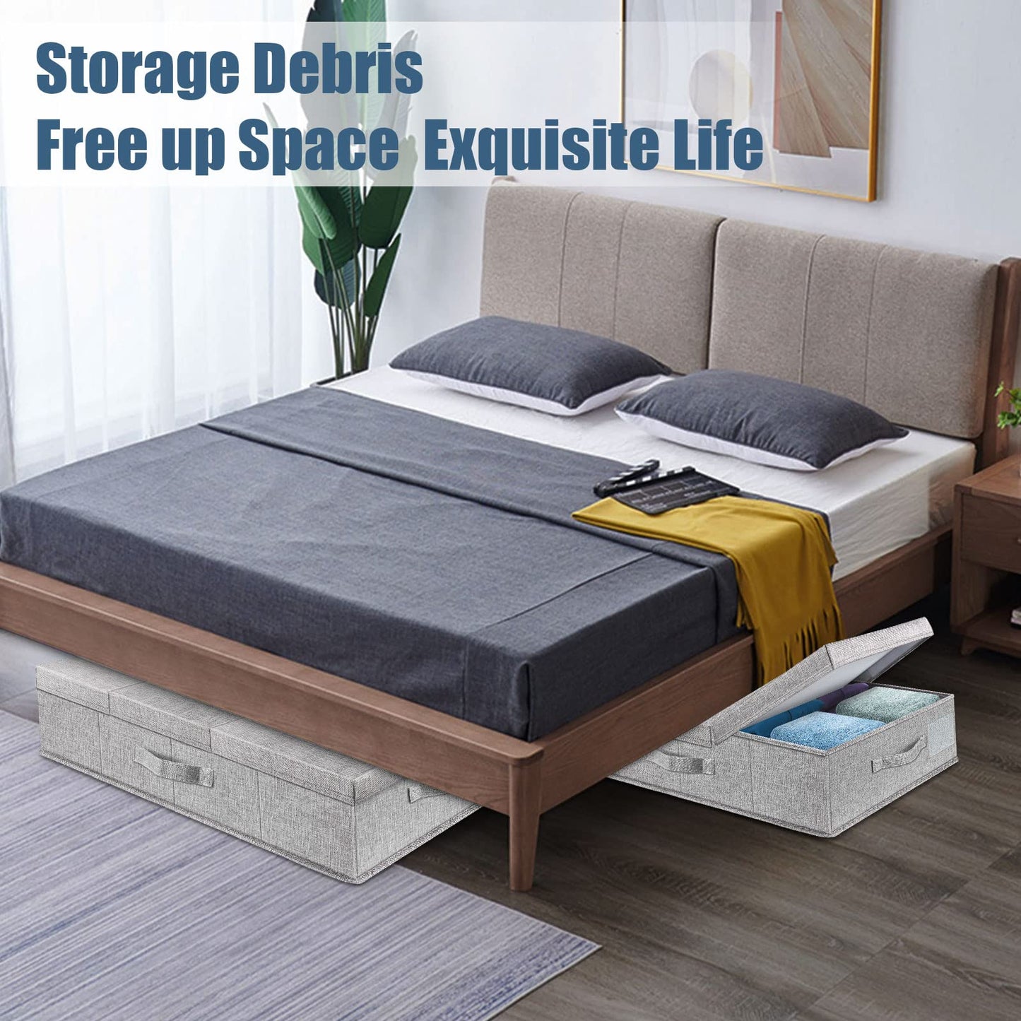 Supowin Underbed Storage Containers Bin with Lids, Large Under Bed Storage Organizer Box with Handle, Foldable Under the Storage Bags for Organizing Clothes, Shoes, Blankets, Pillows