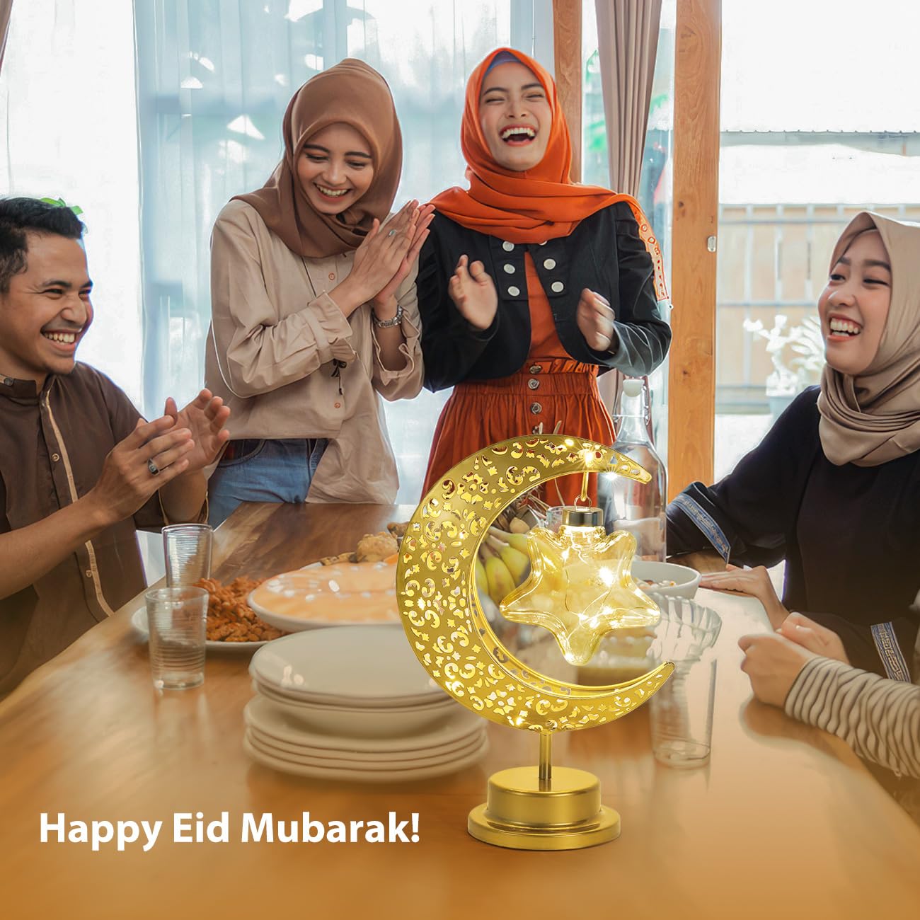 Lewondr Decorative Table Lamp, Battery Powered Ramadan Desk Lamp Decorations Crescent Table Light Lunar Star Moon Lantern for Bedside Nightstand Desktop Room Party, Eid Mubarak Decor, Warm Light