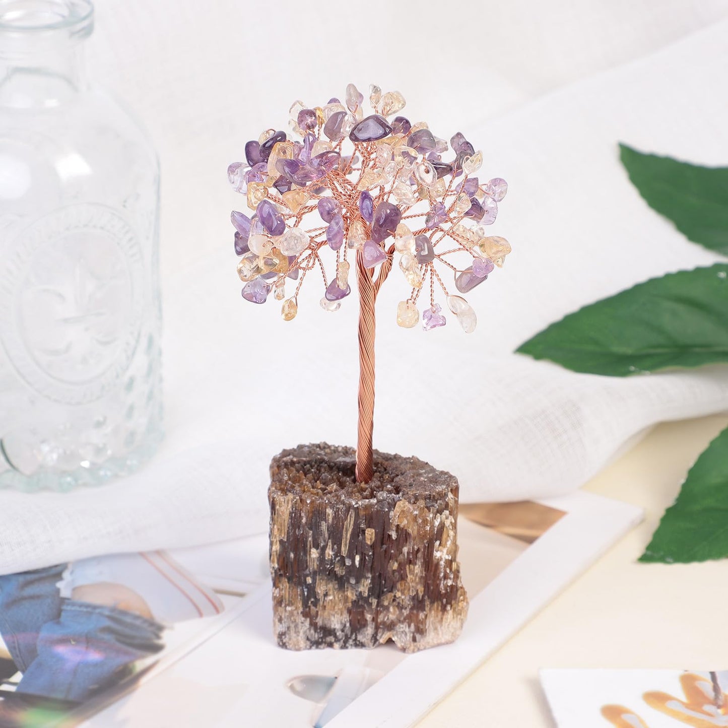 Rockcloud Handmade Amethyst & Citrine Crystal Tree with Amber Calcite Cluster Base Money Tree Tumbled Stones Feng Shui Ornament for Home Office Desktop Decoration