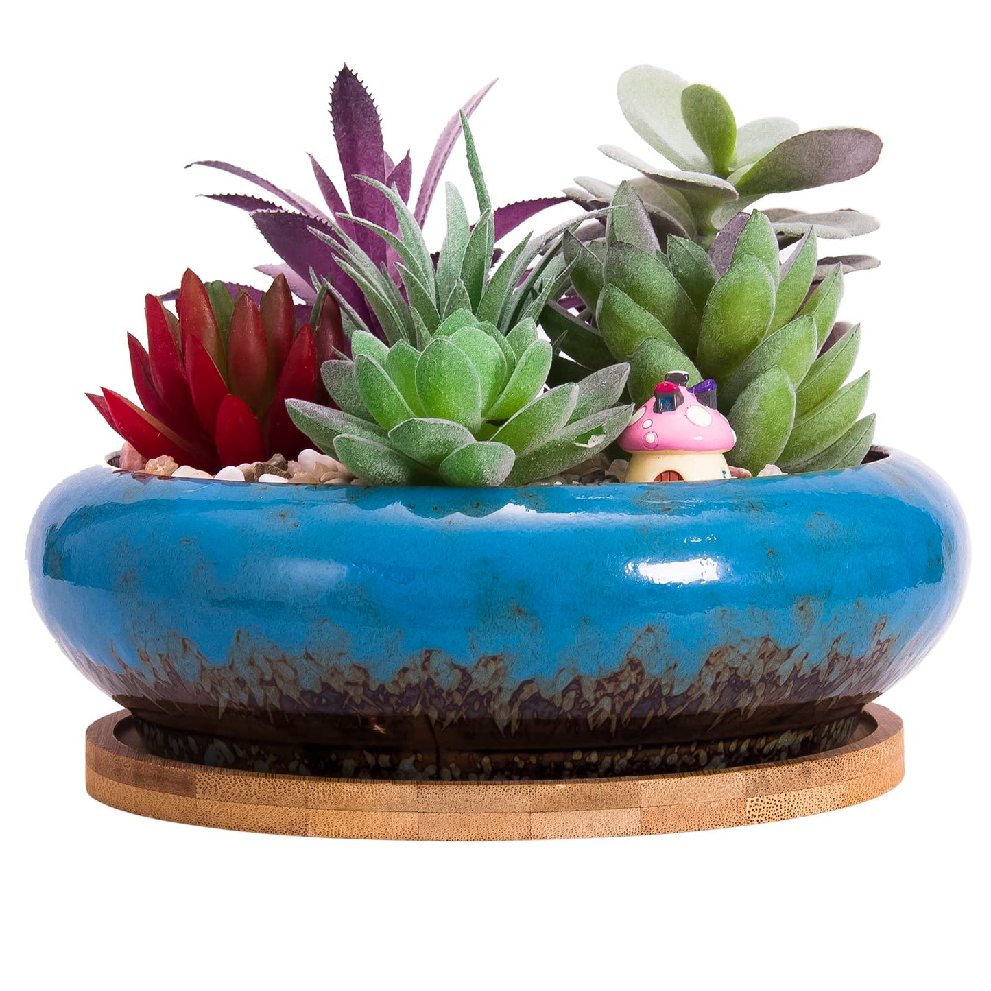 ARTKETTY Succulent Pots - 7.3 Inch Large Succulent Planters with Drainage Ceramic Bonsai Pots with Bamboo Tray, Shallow Planters for Indoor Cactus Plants Decorative Flower Plant Container