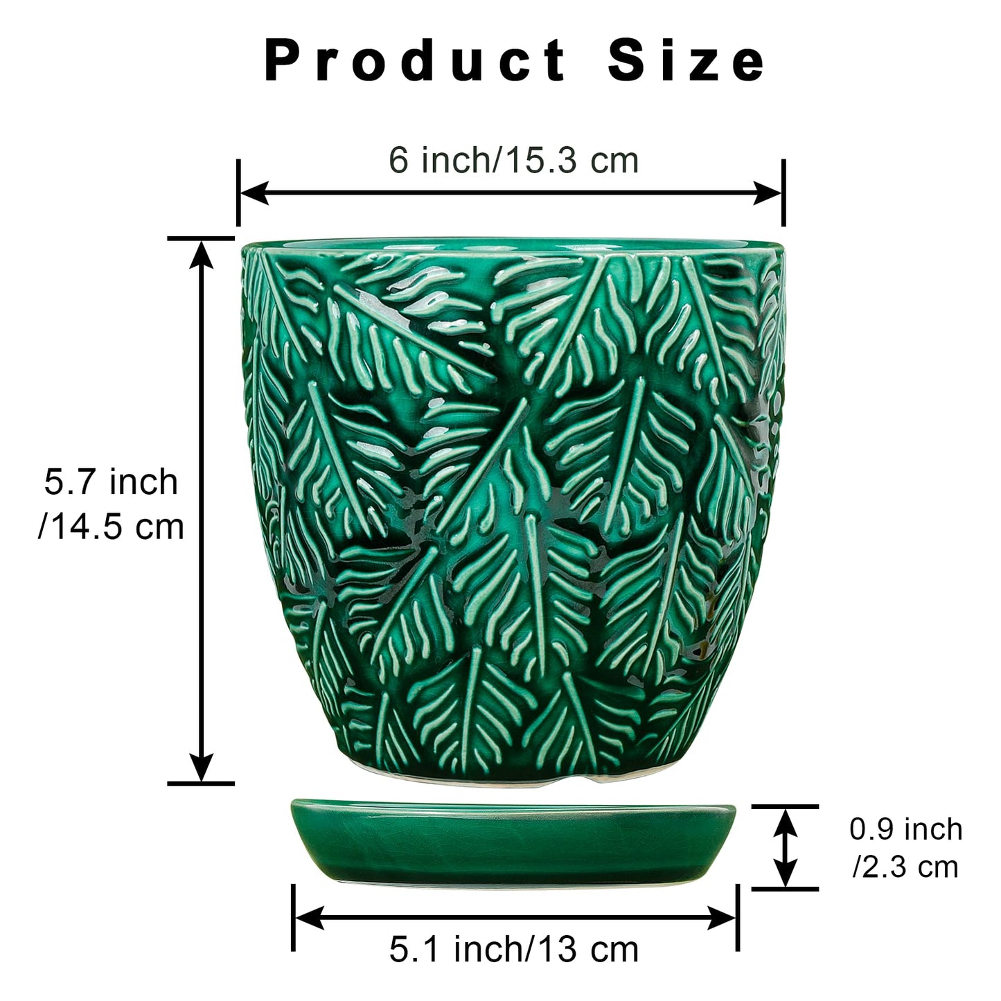 LITUDISO Ceramic Plant Pots, 6 Inch Indoor Plant pots with Drainage Hole and Saucer, Flower Pots, Leaf Embossed - Green Glaze, Set of 2