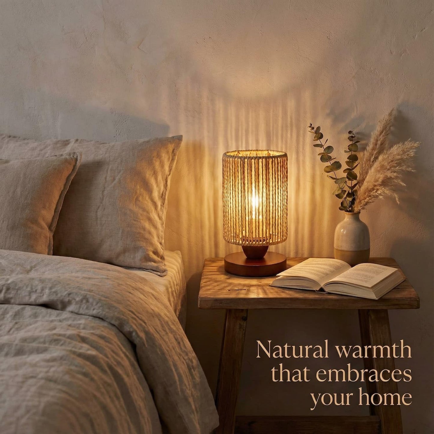 DKCONONY Small Rattan Table Lamp for Bedroom, Boho Bedside Lamp with Warm LED Bulb, Handwoven Wicker Nightstand Lamp for Nursery, Entryway & Dorm, Mini Ambient Night Light with Wood Base (8.6" Tall)
