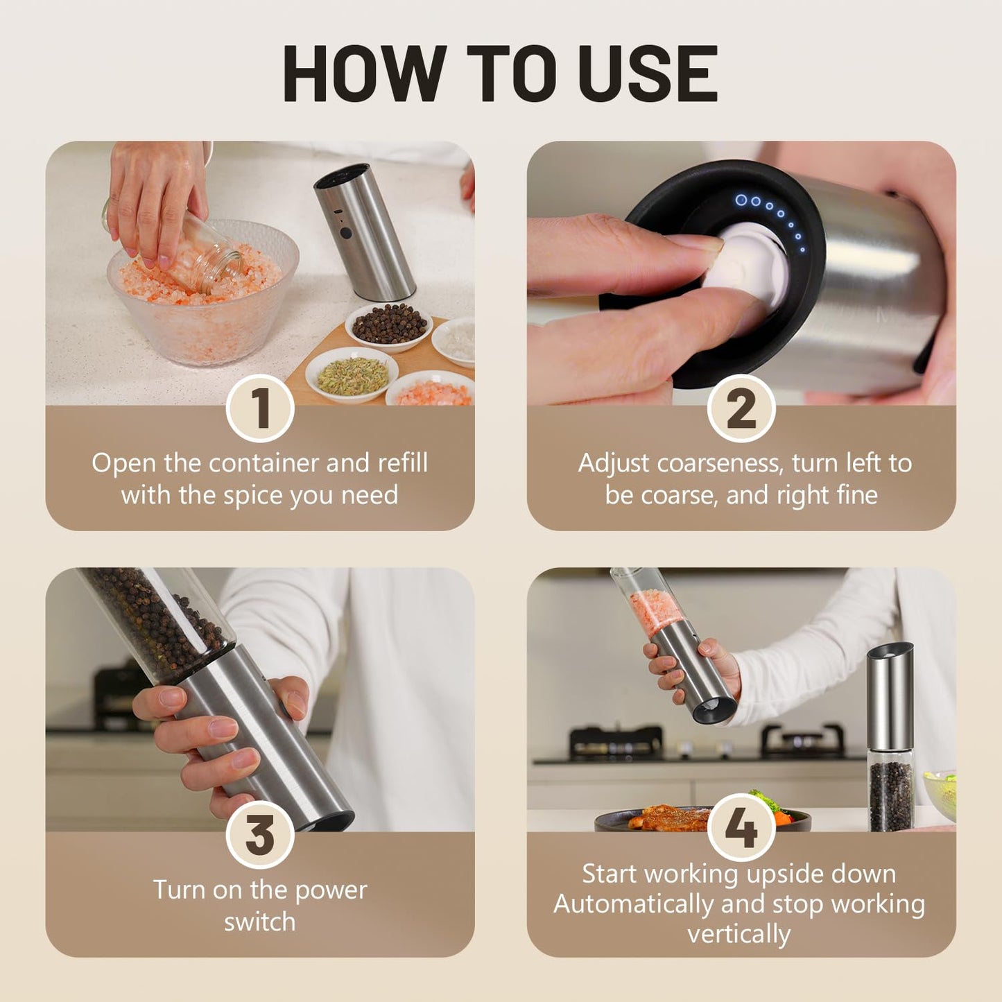 Solisifime Gravity Electric Salt and Pepper Grinder Set, USB Rechargeable Stainless Steel Mills with Large Capacity Tall Glass, LED Light, Adjustable Coarseness, Ideal for Kitchen and Dining(2PCS)