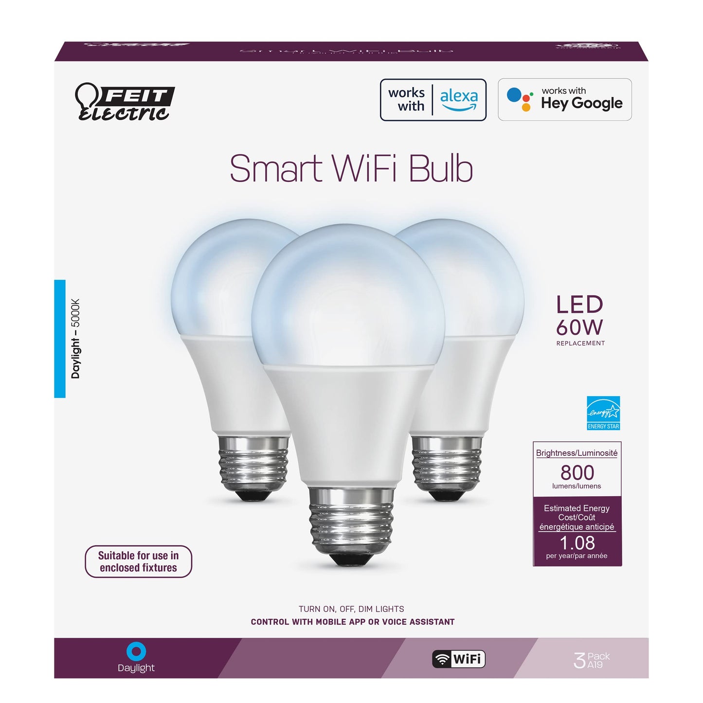 Feit Electric Smart Light Bulbs, 2.4Ghz WiFi Light Bulbs, No Hub Needed, Works with Alexa and Google, Dimmable 60 Watt = LED 9W, OM60/950CA/AG/3, 5000K Day Light, 3 Pack