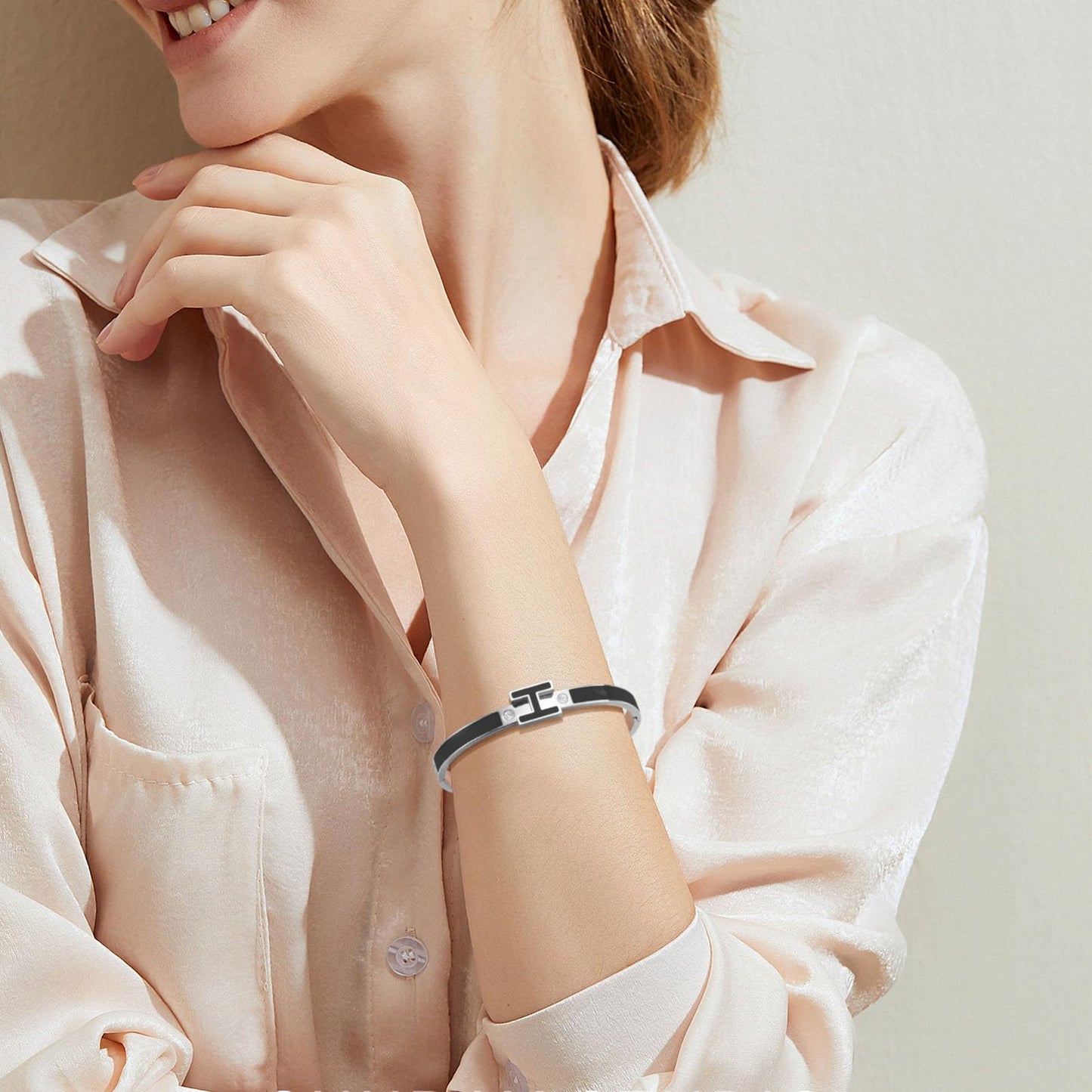 Hothink Gold Bracelets for Women, H Bangle Bracelet, Dainty 18K Gold Plated Stainless Steel Enamel Bracelet for Everyday, Work, Party, Stackable Gift for Mom, Wife, Girlfriend (Silver-Black)